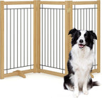 Wire Dog Gate Solid Wood Frame, Anti-Chewing, 3-Panel, 36" Height, 60" Width, Indoor Freestanding Pet Gate Foldable Wooden Dog Fences for Stairs, House, Doorway, Oak Color
