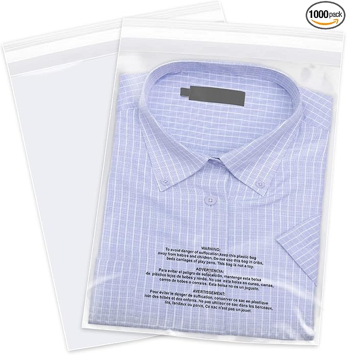 iMailer - 1000 Count - 14" x 20" Clear Plastic Poly Bags with Suffocation Warning Self Seal 1.6 Mil for Clothing, T-Shirts, Pants-Resealable Adhesive,Not Strong