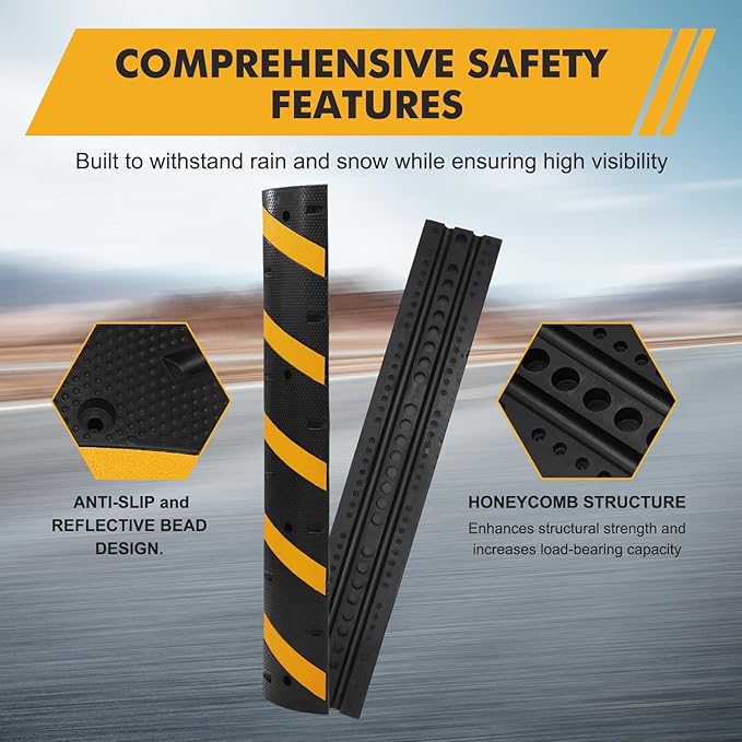 6FT Heavy Duty Recycled Rubber Speed Bump, 2 Pack 25,000 Lbs Capacity Modular Traffic Hump, 2 Channel Floor Cord Cover for Parking Lot, School, Warehouse, Durable & Portable