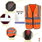 A-SAFETY Orange High Visibility Safety Vest Reflective, 3M Multi Pockets Working Vest Working Uniform Zipper Front ANSI/ISEA Standards 7 Pockets Class 2,2XL