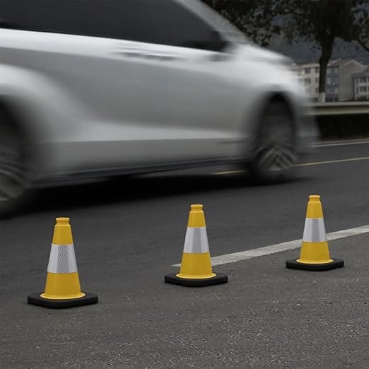 Fluorescent Orange/Green PVC Traffic Cones, Heavy Black Base Parking Lot Cone Structurally Stable Weatherproof Road Construction Safety Cones (4, Yellow, 12" Small)