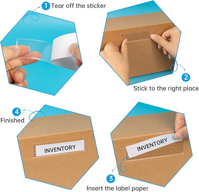100 PCS 4 x 1 Inch Label Holders Adhesive Label Pockets, Self Adhesive Label Holders Clear Plastic Label Pockets, Clear Shelf Tag Storage Bin Labels for Supermarket Bookshelf, Mailbox, and Business