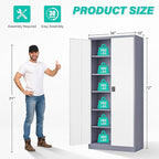 Wide & Deep Metal Storage Cabinet with 6 Shelves,72 inch Tall Garage Storage Cabinet with Lock,Gray White Metal Cabinets with Locking Doors,Large Steel Lockable Cabinets for Home,Office,Shop,Garage