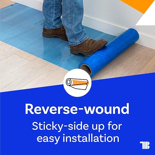 Floor Protection Film, 24 inch x 200' roll, Made in USA, Blue Self Adhesive Floor Protector for Moving and Construction, Temporary Covering for Protection of Hardwood, Tile, Other Hard Surfaces