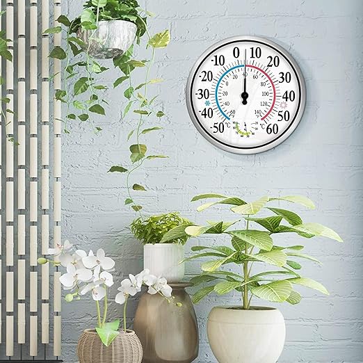 12'' Indoor Outdoor Thermometer Hygrometer - Premium Steel Outdoor Thermometer Large Numbers, Hanging Wall Thermometer Hygrometer for Home, Garden, Patio (No Battery Required)