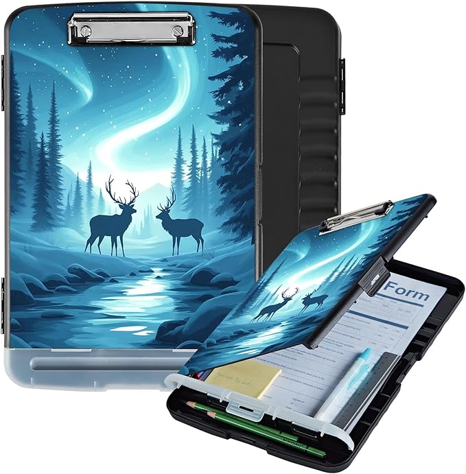 Clipboard with Storage Box & Pen Holder,Heavy Duty Clip Boards 8.5x11 for Nursing,High Capacity,School & Office Supplies,Northern Lights Deer Forest