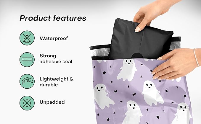 10x13 Poly Mailers – Halloween Ghost – Waterproof, Tear-Resistant Shipping Bags with Adhesive Seal – 100 Pack – Package Mint