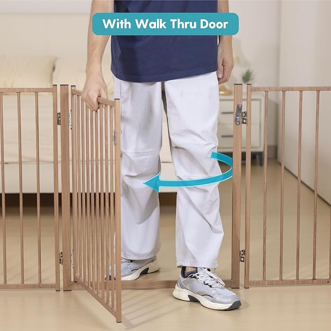No Pawblems Free Standing Dog Gate with Door, 30'' Tall Foldable Dog Fence for Indoor & Outdoor, Up to 156" Extra Wide Puppy Gate for Stairs, Hallways, Doorways, Deck, Yard (Wood Pattern, 6 Panels)