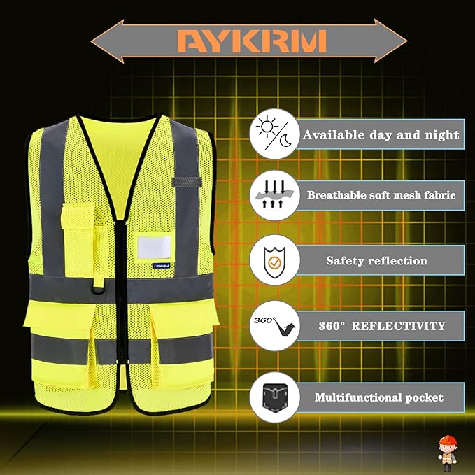 A-SAFETY High Visibility Mesh Safety Reflective Vest with Pockets and Zipper,Hi Vis Viz Reflective Safety Vest(Yellow Mesh XXL)