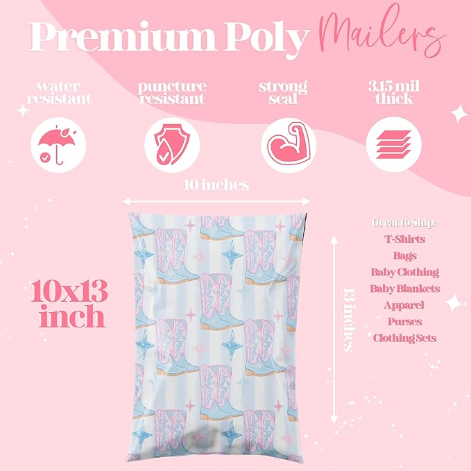 10x13 Designer Poly Mailer 100 Pack Heavy Duty Waterproof Self Seal Shipping Bags for Small Business Large Mailing Envelopes Bulk Tear Resistant Packaging Cowgirl Boots Western