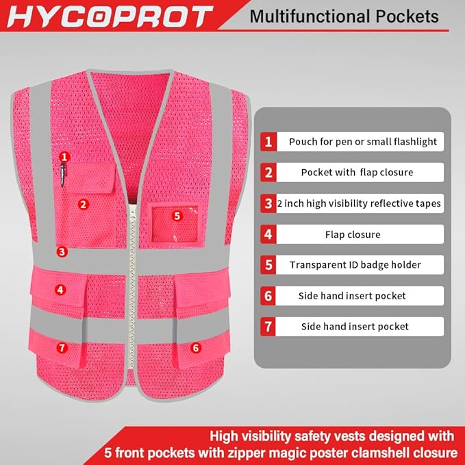 HYCOPROT High Visibility Mesh Safety Reflective Vest with Pockets and Zipper, Meets ANSI/ISEA Standards