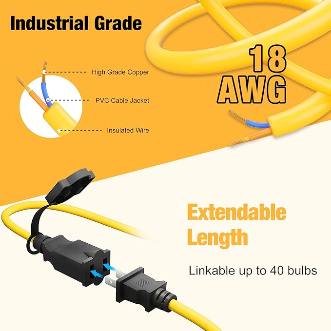 50FT Construction String Lights with Protective Cage, IP65 Waterproof LED String Work Lights, 5000K Daylight 18AWG Wire Linkable Temporary Construction Lighting for Jobsite with 5 Bulbs & Hooks
