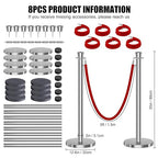 kaiyomi 8Pcs Stanchions with Red Velvet Ropes Set, 5 Feet Velvet Ropes and Posts Poles for Red Carpet Party Decoration and 360° Photo Booth (Silver)