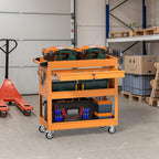 3 Tier Rolling Tool Cart on Wheels, Heavy Duty Service Cart Industrial Utility Cart with Drawer and Screwdriver Rack Pegboard, 550 LBS Mobile Tool Storage Organizer for Garage, Workshop (Orange)