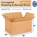 Medium Moving & Shipping Boxes 16 x 10 x 8 inches (5-Pack) - Extra Strength 200 lb vs Regular - Corrugated Packing Boxes - Cardboard Box for Delivery - Box for Shipping by IDL Packaging