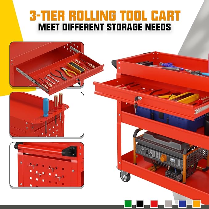 3 Tier Rolling Tool Cart on Wheels, 450 LBS Capacity Tool Cart with Drawers, Heavy Duty Rolling Utility Cart on Wheels, Rolling Tool Work Carts for Garage, Warehouse and Repair Shop,Red