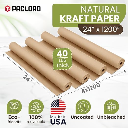 24" x 1200" (100 ft) Natural Kraft Paper Roll (Value Pack – 4 Rolls) – Made in USA, 100% Recyclable Brown Packing Paper for Shipping, Packaging, Crafting & Gift Wrapping