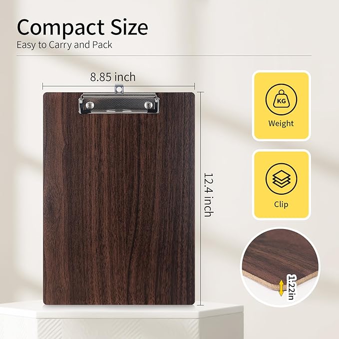 Wood-Grain Lap Board Clipboard, for Letter & A4 Size Solid Wood Texture Writing & Sketching Board with Heavy-Duty Clip (Walnut, 5)