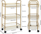 3 Tier Mesh Rolling Utility Cart, Gold Metal Organization Cart with Lockable Wheels, Multifunctional Storage Trolley Service Cart for Kitchen Living Room Office Salon