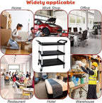 Plastic Service Utility Cart with Wheels, 550lbs Capacity, 6 Basin 2 Barrels Multipurpose Rolling 3-Tier Mobile Storage Organizer, for Warehouse Garage Industrial Cart