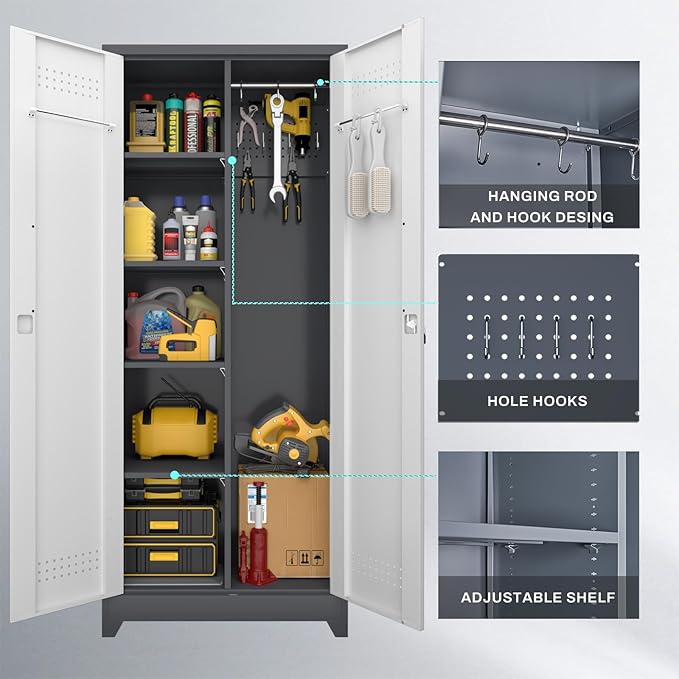 LUCYPAL Broom Storage Cabinet with Locking Doors and Shelves,Broom Closet Storage Cabinet with Hanging Rod and Hooks,Metal Garage Cabinets for Kitchen,Bathroom,Office 72.8" H White&Grey
