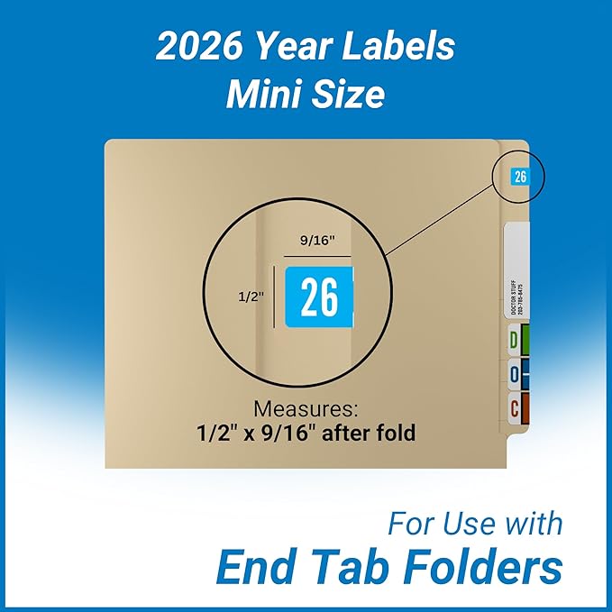 2026 Small Year Labels, Doctor Stuff 2026 Chart Stickers, Light Blue Color Coded, Tab Products Style, USA Made Year Stickers for End Tab File Folders, 500/Roll, 1 Roll, 1/2" x 1-1/8"