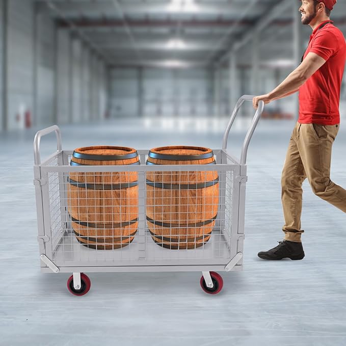 Platform Truck Cart with Cage, 440.92Lbs Capacity Grocery Dolly Heavy Duty Cart with 4 Wheels for Distribution Centers and Warehouses 39.4 x 23.6 x 37 Inch
