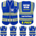 BeautyWill 5Pack Custom Logo Safety Vest 8 Pockets Class2 ANSI Certified High Visibility Reflective Vest for Men - Personalized Logo Heavy-Duty Work Vest（Blue，M）