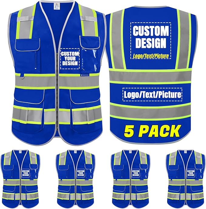 BeautyWill 5Pack Custom Logo Safety Vest 8 Pockets Class2 ANSI Certified High Visibility Reflective Vest for Men - Personalized Logo Heavy-Duty Work Vest（Blue，L）