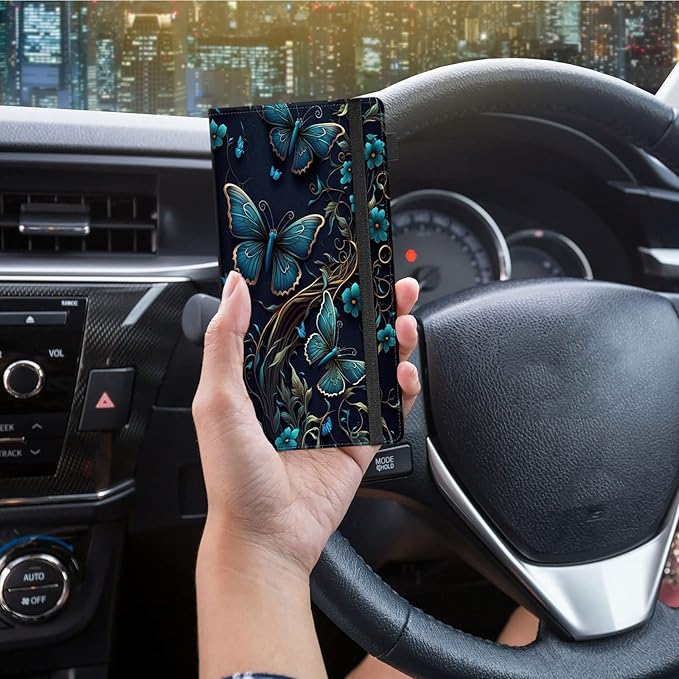 Car Registration and Insurance Holder,Leather Vehicle Glove Box Organizer Wallet for Document,Perfect for any Car,Truck,Motorcycle,Driver License,Trailer or Boat,Men & Women,Purple Butterfly Flower