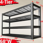 68" Wide Heavy Duty Garage Shelving Units, 4-Tier Deep Storage Shelves,Black Metal Garage Shelves,Steel Shelf,Large Storage Rack,Industrial Shelving for Shop, 68" W x 24" D x 68" H