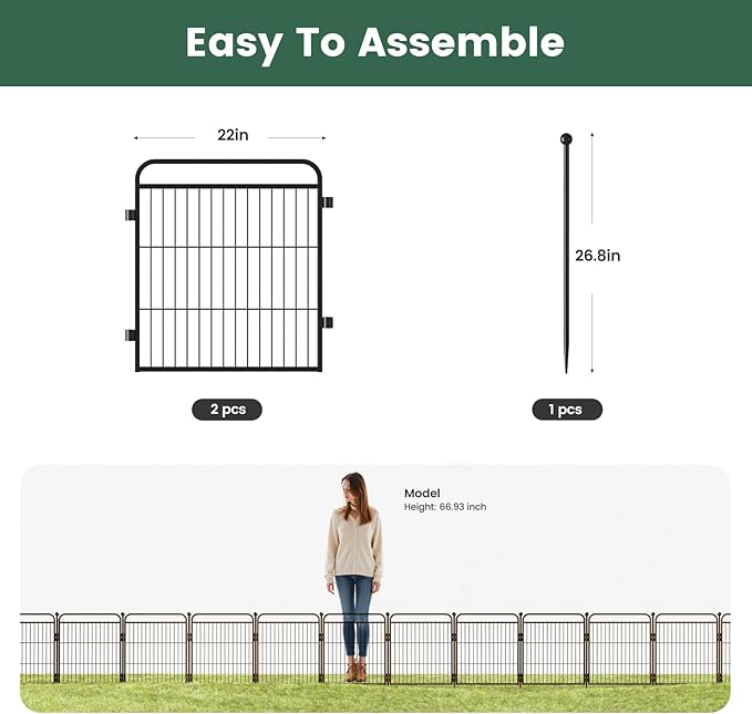 Decorative Garden Fence 24in(H) x44in(L), Thicken 2 Panels Metal No Dig Outdoor Dog Fence for Yard,Heavy Duty Animal Barrier for Dog and Rabbit, Garden Border Fence, Black