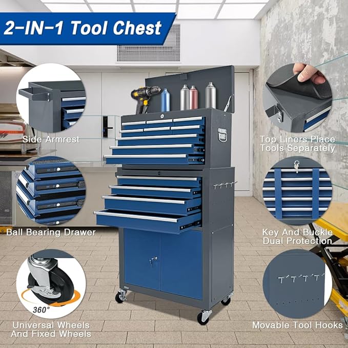 13-Drawer Rolling Tool Chest with Double Door, Extra Large Storage Cabinets with Tool Box, 2-in-1 Detachable Design, 600 lbs Capacity with Lockable Wheels for Garage, Mechanic & Home Use (Blue＆Grey)