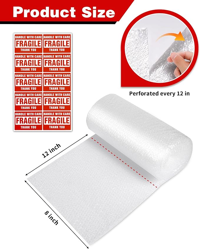 2-Pack Bubble Cushioning Wrap Rolls, 3/16" x 8" x 72' ft Total [2 Rolls of 36 Feet], Perforated 12" 20 Fragile Stickers for Shipping, Packaging, Mailing