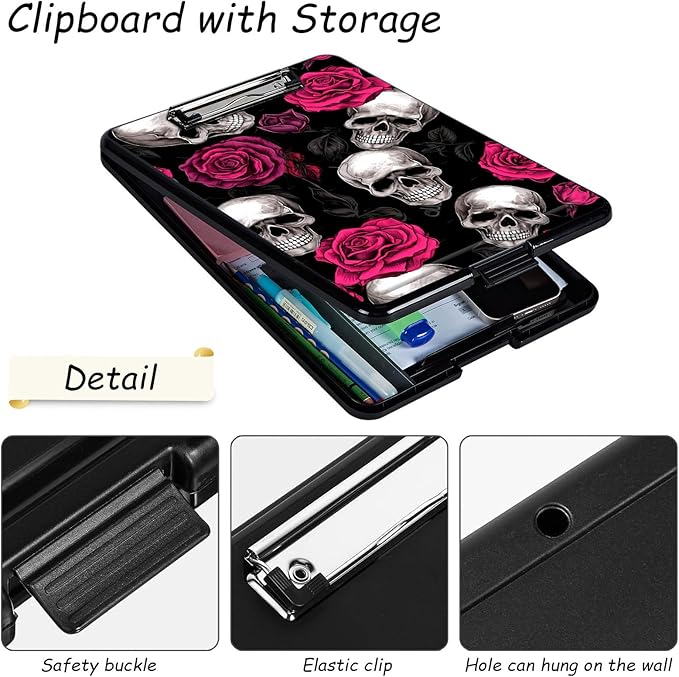 Clipboard with Storage, High Capacity Plastic Storage Clipboard with Low Profile Clip for Women Teachers Work, School & Office Supplies, Cute Pattern Decorative Clipboards, Skull Rose