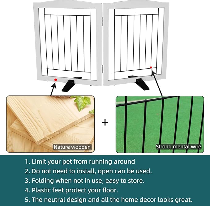 Dog Fence Indoor - 2-Panel Freestanding Dog Gate for Doorways, Hallways, House or Stairs -40x24-Inch Retractable Foldable Expandable Wood Pet by SFJC (White) ﻿