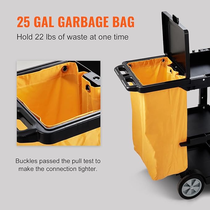 VEVOR Cleaning Cart, 3-Shelf Commercial Janitorial Cart, 200 lbs Capacity Plastic Housekeeping Cart, with 25 Gallon PVC Bag and Cover, 47 x 20 x 38.6in, Yellow&Black