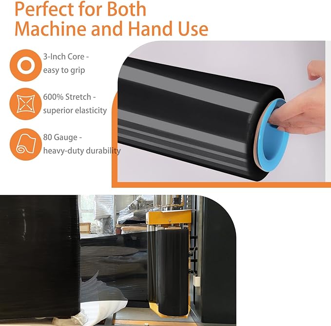 18" x 1500' Stretch Film Shrink Wrap Roll - Black Plastic Wrap for Moving, Heavy Duty 80 Gauge, 600% Stretch for Packing, Pallets, Shipping&Furniture Protection with Handles(4 Rolls)