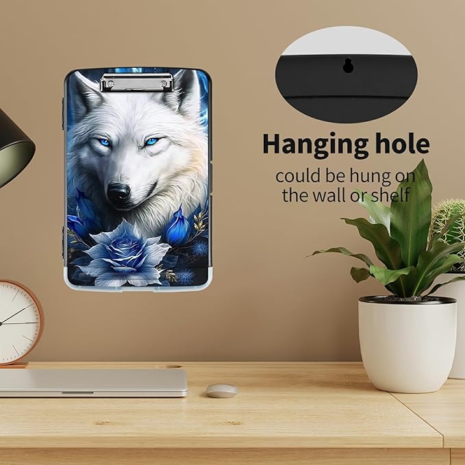 Clipboard with Storage High Capacity Plastic Nursing Clipboards with Pen Holder File Folder Storage Box Clipboard with Heavy Duty Clips for Teacher,Doctor,Offices-Bule Rose Wolf