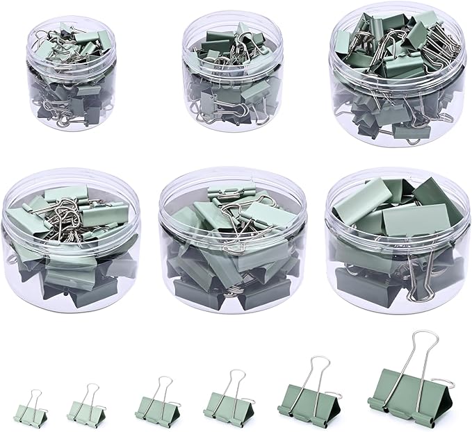 Temiary 208 Pcs Metal Binder Clips, Assorted Sizes Extra Large, Large, Medium, Small, Mini, Micro Binder Paperwork Clip, Morandi Colored Paper Clamps Bulk for Office, Home, School (Green)