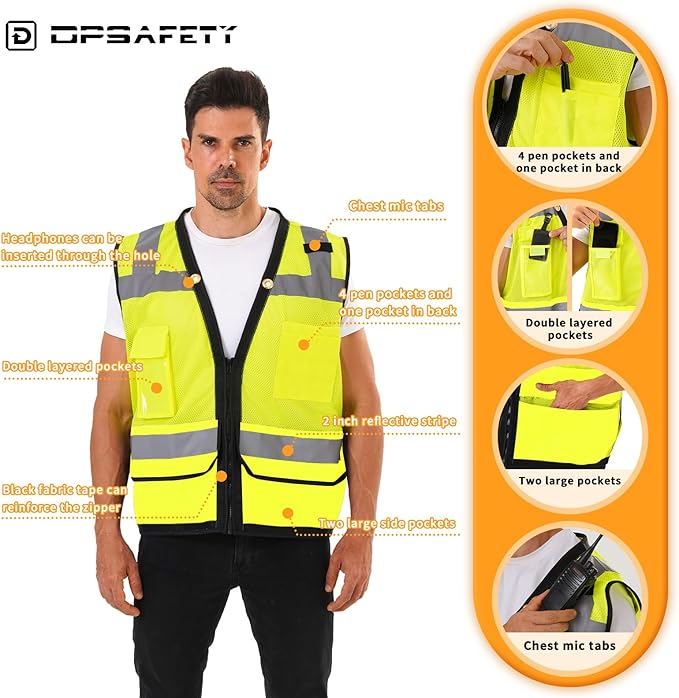 Reflective Safety Vest With Back Pocket, Heavy Duty Surveyor Vest High Visibility Class 2, Construction Work Vest Men&Women (Lime, XL)