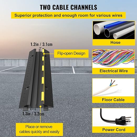 VEVOR Cable Protector Ramp, 4 Packs 2 Channels Rubber Modular Speed Bumps Rated 11000 LBS Load Capacity, Protective Wire Cord Ramp Driveway Rubber Traffic Speed Bumps Hump Cable Protector
