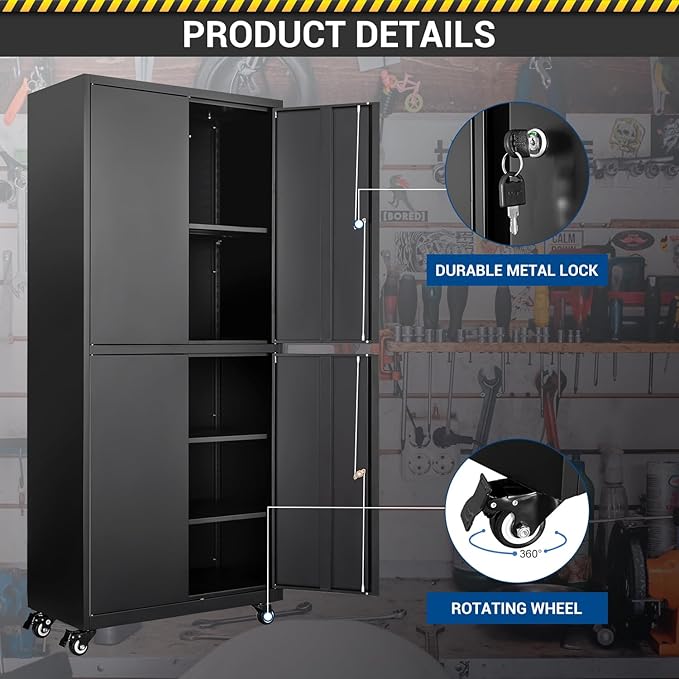 Metal Storage Cabinet-Heavy Duty Rolling Tool Cabinet Garage Storage Cabinets with Adjustable Shelves&Lockable Doors - Black