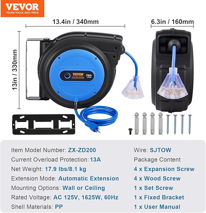 VEVOR 75FT Retractable Extension Cord Reel, 14AWG/3C SJTOW Heavy Duty Power Cord w/Lighted Electrical Triple Tap Outlets, 13A Circuit Breaker,180° Swivel Bracket for Workshop or Garage, Blue
