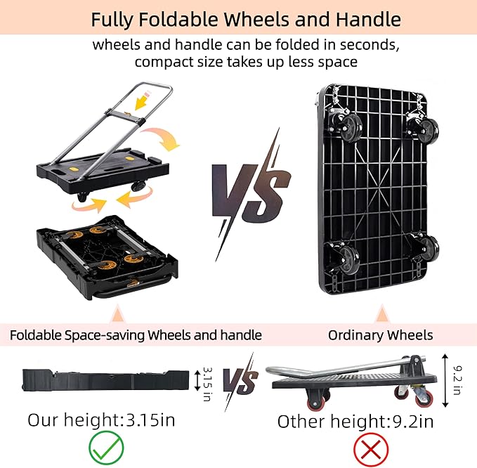 Platform Truck Folding Hand Truck 330 LB Heavy Duty Utility Dolly Flatbed Luggage Push Cart Fully Folded Compact Cart, Portable Trolley with 1 Elastic Ropes, Easy Storage & Lightweight for Moving