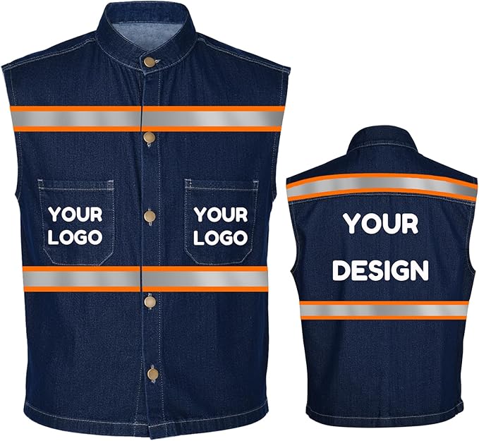 YOWESHOP Men's Reflective Safety Denim Vest，Custom Safety Outdoor Denim Work Vest with Hi-Vis Stripes for Night Commute