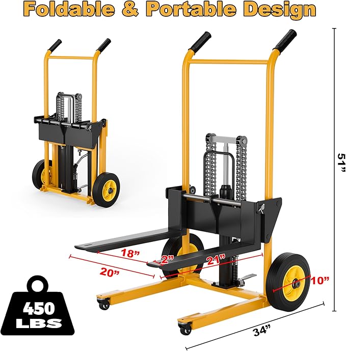 Foldable Material Lift Winch Stacker, 450LBS 36" Pallet Stacker, 2-in-1 Hand Truck Fork Lift Table Cart, Removable Platform, Adjustable Forks, Foot Pump, for Warehouse Garage Workshop