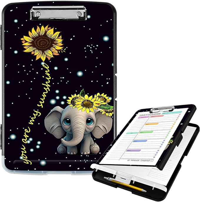 Clipboard with Storage High Capacity Plastic Nursing Clipboards with Pen Holder File Folder Storage Box Clipboard with Heavy Duty Clips for Teacher,Doctor,Offices-Elephant Sunflower