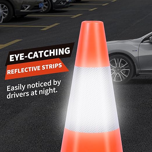4 Pack 18" Traffic Safety Cones with Reflective Collars, Orange Construction Cone, Restorable Parking Cones, Heavy Duty Road Cones for Parking Lot, Traffic Control, Driveway Road Parking