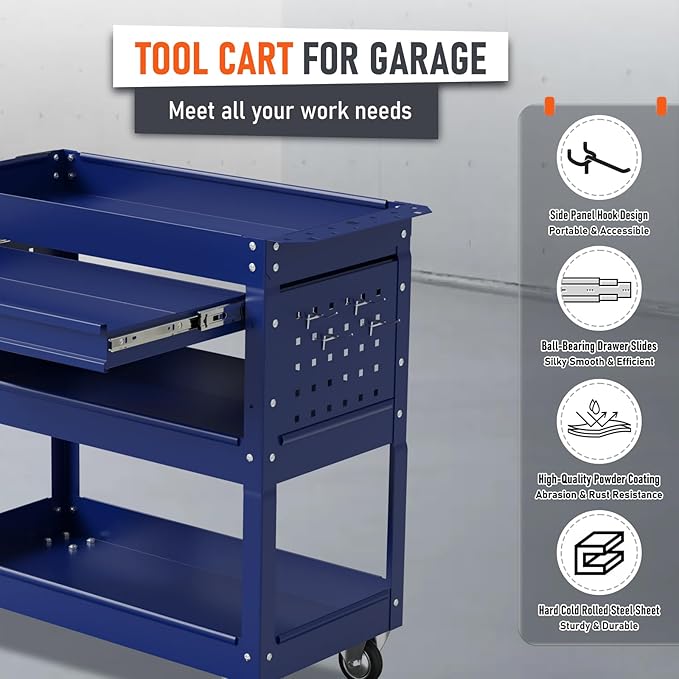 3 Tier Rolling Tool Cart, Heavy Duty Service Cart on Wheels for Mechanics,400 LBS Utility Cart with Drawers for Garage, Warehouse & Repair Shop (DARKBLUE)